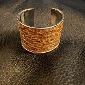 Tan/Brown Leather embossed & metal Cuff Bracelet